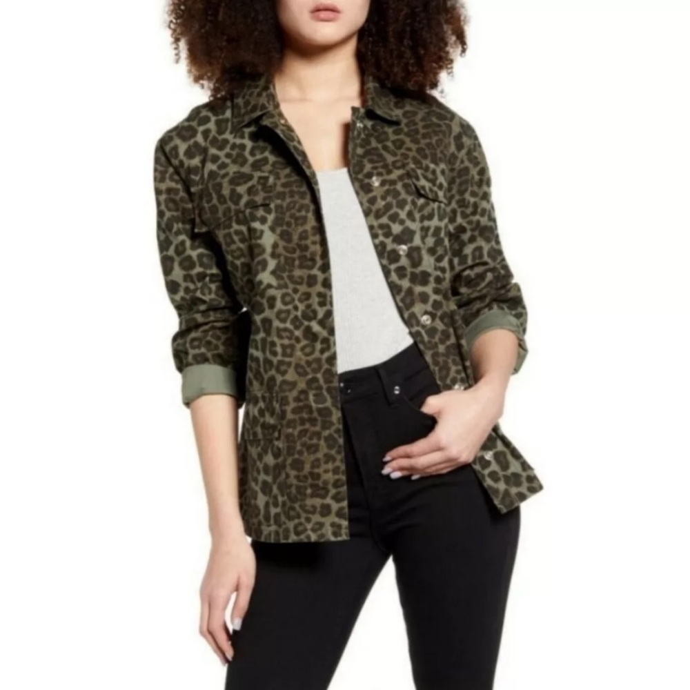 Good American Sage Green Leopard Cotton Utility Jacket With Pockets - Picture 2 of 11